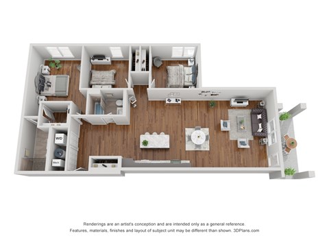 A 3D floor plan of a house with a kitchen, living room, and two bedrooms.